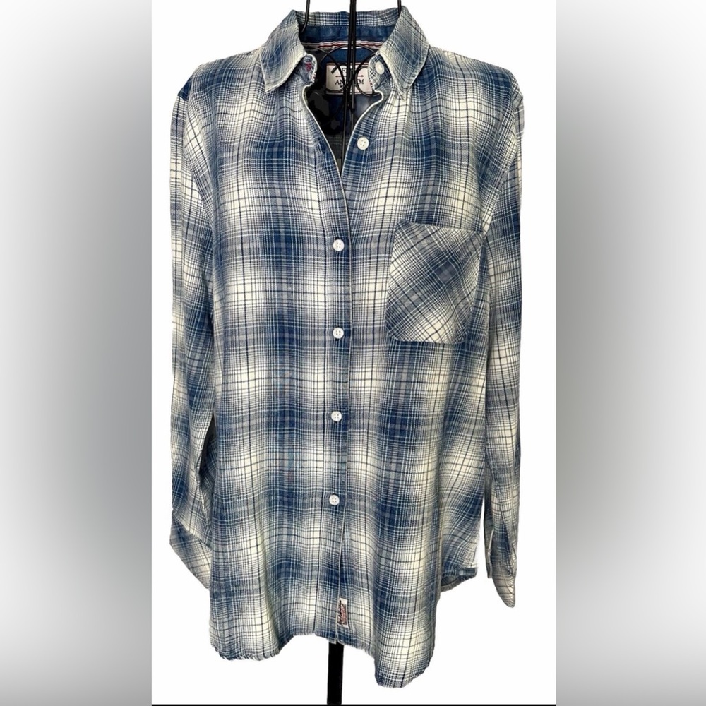 Flag & Anthem 100% Cotton Women's Plaid Flannel Shirt XL Blue White Button Up
